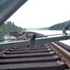 The view from Arne's video camera as he crosses a trestle on Tahenitch Lake.