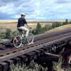 Ken crosses the high trestle just east of the Lawyers Canyon bridge.  The rails end a hundred feet past the trestle.